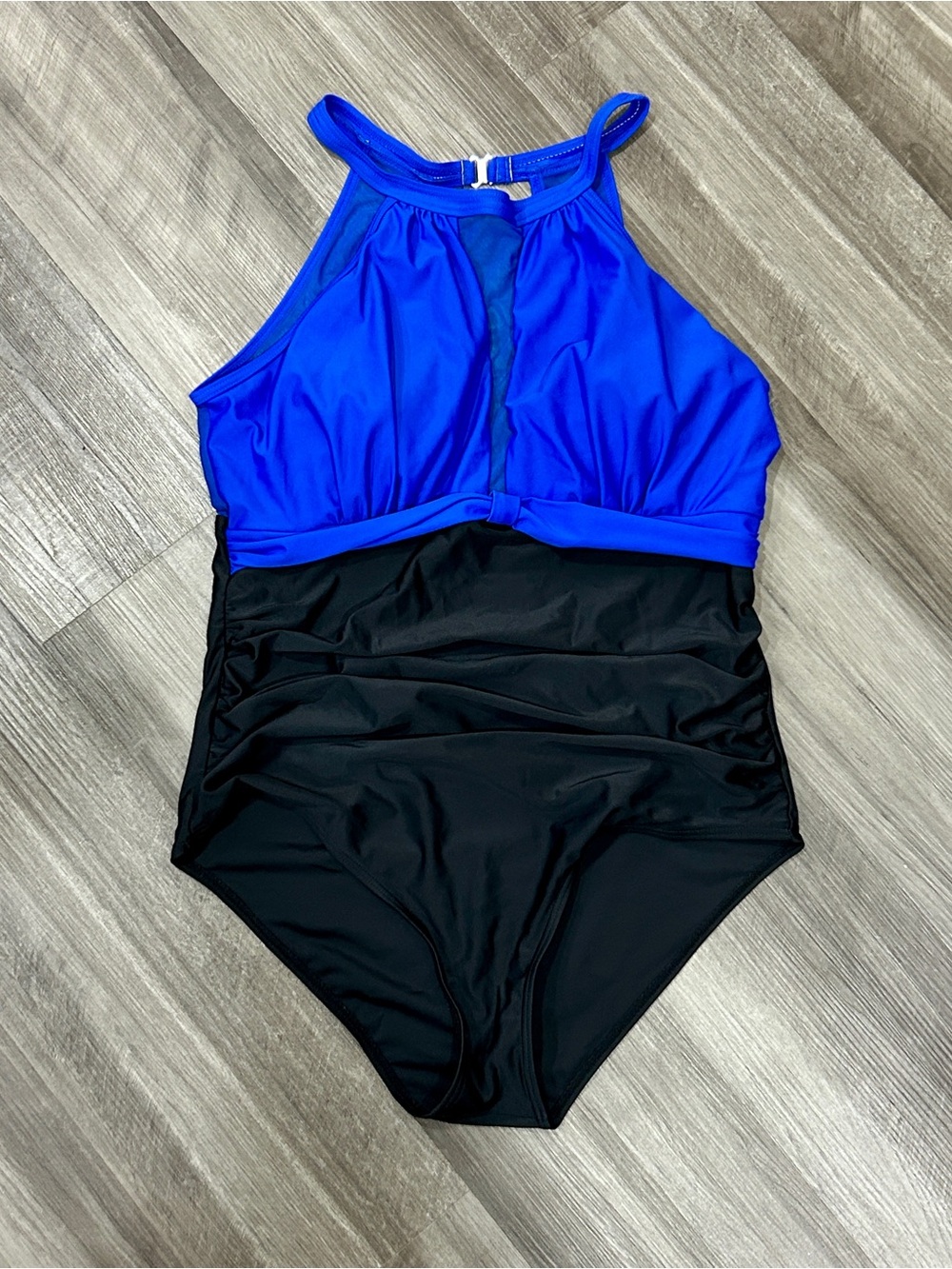 Tempt Me Royal Blue & Black High Neck Mesh One-Piece Swimsuit, XL